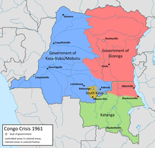 Geographic distribution of the factions in the Congo in 1961, including the State of Katanga