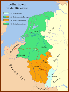 Lotharingen na de deling in 959 Oranje: hertogdom van de Moezel (Opper-Lotharingen) Groen: het resterende (Neder-)Lotharingen De taalgrens rood gestippeld