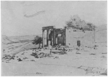A black and white copy of a sketch showing a Roman temple in ruins in three-quarters view. A tree growing within its walls.