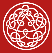A knotwork, a design often associated with Celtic knots. The outer design is a circle, surrounding what appears to be a triangle surrounded by a Celtic knot at first glance. Closer inspection of the triangle reveals that it is in fact an organic part of the inner knot, which seems to have two continuous segments linked by knots. At first glance, the knotwork appears to be symmetric; closer inspection reveals that the right-hand knots seem to be the reverse of the left-hand knots and there are small differences among the "twin knots"; the right and left hands of the design have variations, much as our right and left hands have subtle distinctions. The design is not symmetric with respect to 120 degree rotations: The center of the pseudo-triangle is above the center of the surrounding circle, but visual balance is maintained by extra knots below the lower pseudo–line-segment. The background is crimson.