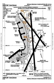 A map showing the terminals runways and other structures of Ronald Reagan Washington National Airport