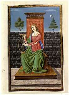 illumination of allegorical female figure from fifteenth-century manuscript