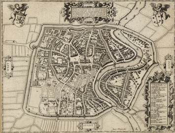 Kaart van Thomas Thomasz. uit 1578. Rechtsonder vormt de Herensingel de grens van de bebouwing