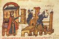 Ilustrátor zo 14. storočia, ktorý na základe príkazu Konštantína V. znázornil zničenie kláštora. (Manassova kronika)