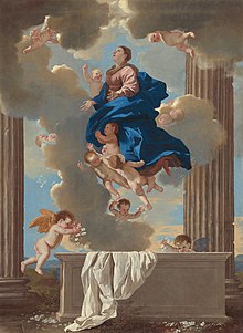 tableau montrant une femme s'élevant dans le ciel accompagnée de nouveau-nés et d'anges