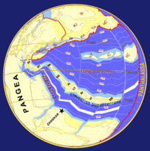 Perm-Triasgrens (±245 Ma).[1] Cimmeria beweegt naar het noorden richting Laurazië, de Paleo-Tethys sluit terwijl de Tethys groeit.