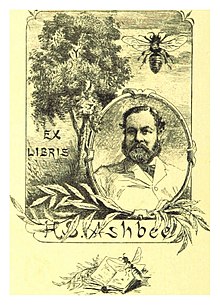 A bookplate showing an ash tree on the left, a bee on the right, above a picture of Henry Spencer Ashbee; the name H. S. Ashbee is shown at the bottom