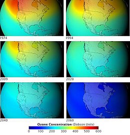 Sebuah animasi yang menunjukkan representasi berwarna dari distribusi ozon per tahun, di atas Amerika Utara, melalui 6 langkah. Dimulai dengan banyak ozon terutama di Alaska dan pada tahun 2060 hampir semuanya hilang dari utara ke selatan.