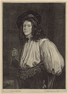 A young man turned to face the viewer, with a large puffy hat and a ruffled shirt with big, billowing sleeves.