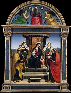 In this painting of The Madonna and Child Enthroned with Saints an early work by Raphael in the Metropolitan Museum of Art, the blue cloak of the Virgin Mary has turned a green-black. It was painted with less-expensive azurite.
