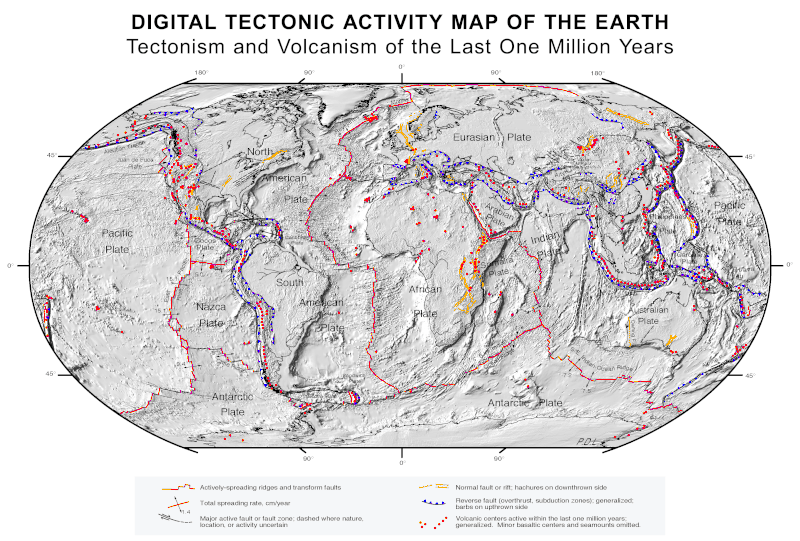 Mappa delle attività tettoniche e vulcaniche nell'ultimo milione di anni