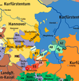 Anhalt Principalities in 1789: Anhalt-Bernburg (AB), Anhalt-Köthen (AK), Anhalt-Dessau (AD) and Anhalt-Zerbst (AZ); on the rightside of the map: the Electorate of Brandenburg (blue) und Electorate of Saxony (orange)