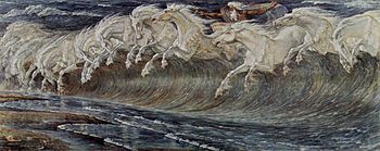 Des chevaux jahissant hors des vagues, commandés par Neptune qui est muni de son trident