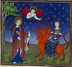 The Whore of Babylon, depicted in a 14th-century French illuminated manuscript. The woman appears attractive, but is wearing red under her blue garment.