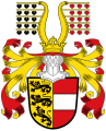 Wappen von Kärnten, wie es in der Form seit 1363 geführt wird, diese Helmzier allerdings schon nicht mehr von den Meinhardiner Herzögen von Kärnten, die bereits seit 1335 im Mannesstamm erloschen waren (und Tirol in der weiblichen Linie auch nur noch bis 1363 regiert hatten)
