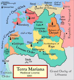 The Bishopric of Dorpat, shown (orange, upper right) within the Livonian Confederation, 1260