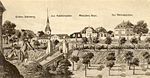 Ostseite um 1800: Poststall („Posthörnchen“) und barockes Wohngebäude „Weinnäpfchen“. Vorn das Grimmaische Tor über den noch unverfüllten Stadtgraben