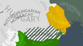 The Carpatho-Danubian-Pontic Space on 7 May 1918 AD, after the Treaty of Bucharest. The Treaty, while signed by Prime Minister Alexandru Marghiloman, was never ratified by King Ferdinand I.