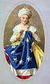 Betsy Ross cosiendo la bandera de los Estados Unidos.