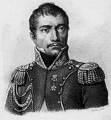 Portrait en noir et blanc d'un général français de Napoléon, portant la moustache et un costume avec des épaulettes.