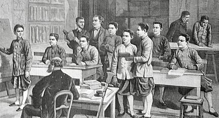 Cambodian school in Paris, drawing published in 1887 in the newspaper Le journal illustré