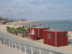 Prefabricated kiosks set for different uses on the beaches of Barcelona, Spain