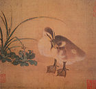 A square painting of a duckling with a grey back, white underbelly, and yellow-tinted face. The duckling is looking down towards the lower, right hand corner.