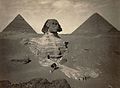 Image 9 Great Sphinx of Giza Photo: Maison Bonfils; Restoration: Lise Broer A late nineteenth century photo of the partially excavated Great Sphinx of Giza, with the Pyramid of Khafre (left) and the Great Pyramid of Giza (right) behind it. The Sphinx is the oldest known monumental sculpture, and is commonly believed to have been built by ancient Egyptians of the Old Kingdom in the reign of the pharaoh Khafra. More featured pictures