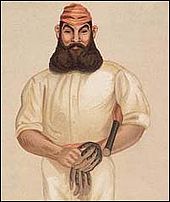 Caricature of man with a large beard dressed in cricket gear and holding a bat and gloves