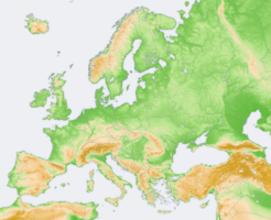 Mapa Európy s farebnou hypsometriou
