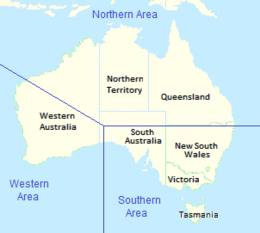 Map of Australia showing state borders, with RAAF area command boundaries superimposed