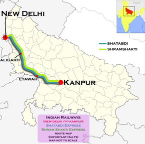 (Kanpur–New Delhi) Shatabdi Express route map