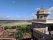 Agra Fort showing Yamuna river and Taj Mahal in the background