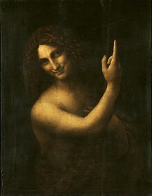 Leonardo da Vinci: Johannes der Täufer mit deutendem Zeigefinger, Fellgewand und Kreuzstab, 1513–1516 (Louvre)