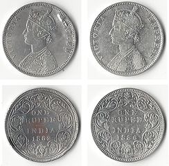 Two silver one rupee coins used in India during the British Raj, showing Victoria, Queen, 1862 (left) and Victoria, Empress, 1886 (right)