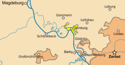 The Principality of Anhalt-Dornburg (yellow) with Anhalt-Zerbst (orange).