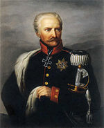 Pintura de un hombre de cabello blanco y bigote con una expresión severa. Lleva un uniforme militar azul oscuro con una gran cruz de hierro en el cuello.