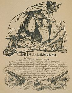 French caricature on the Romanian-German peace: Kaiser Wilhelm II pointing a dagger at a woman (Romania), while showing her the terms of the treaty and stepping on the throat of a man (Russia)