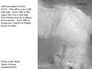 Enlargement of the photo on the left showing cliff. Photo taken with high resolution camera of Mars Global Surveyor (MGS).