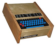 A TV Typewriter shown in a wooden case with a home constructed keyboard.