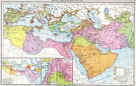 Multi-color map of the Mediterranean and the Middle East, showing the phases of Muslim expansion to the 10th century
