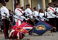 Colour party of the Royal Bermuda Regiment at Queen's Birthday Parade in the City of Hamilton, Bermuda, on 10 June 2017.