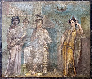 Fresque de Pompéi Didon sur son trône, sa sœur Anna et un personnage représentant l'Afrique.