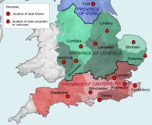 Carte montrant le découpage en diocèses de l'Angleterre.