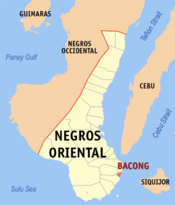 Mapa ng Negros Oriental na nagpapakita sa lokasyon ng Bacong.