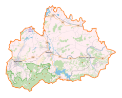 Mapa konturowa powiatu wadowickiego, po prawej nieco na dole znajduje się punkt z opisem „Jastrzębia”
