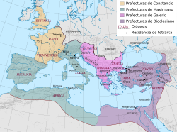 Mapa del Imperio romano bajo la Tetrarquía, en el que se muestran las diócesis asignadas a cada tetrarca