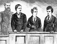 Court artist's impression of Mundell, Boulton and Park in the dock; a policeman stands behind them