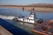 Towboat Sue Chappell upbound in Portland Canal on Ohio River (2 of 4), Louisville, Kentucky, USA, 1998