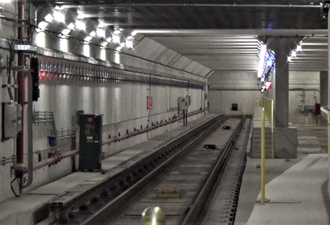 Bumper at the end of a newer tunnel in the Toronto subway system beyond a terminal station